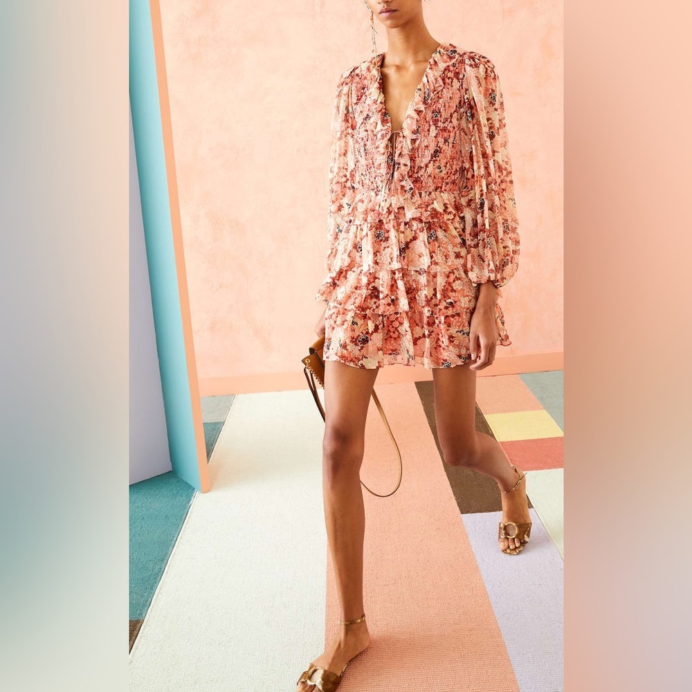 Ulla Johnson‎ Tamara Dress Silk Mini Metallic Floral Print Coral Size 2 Tiered